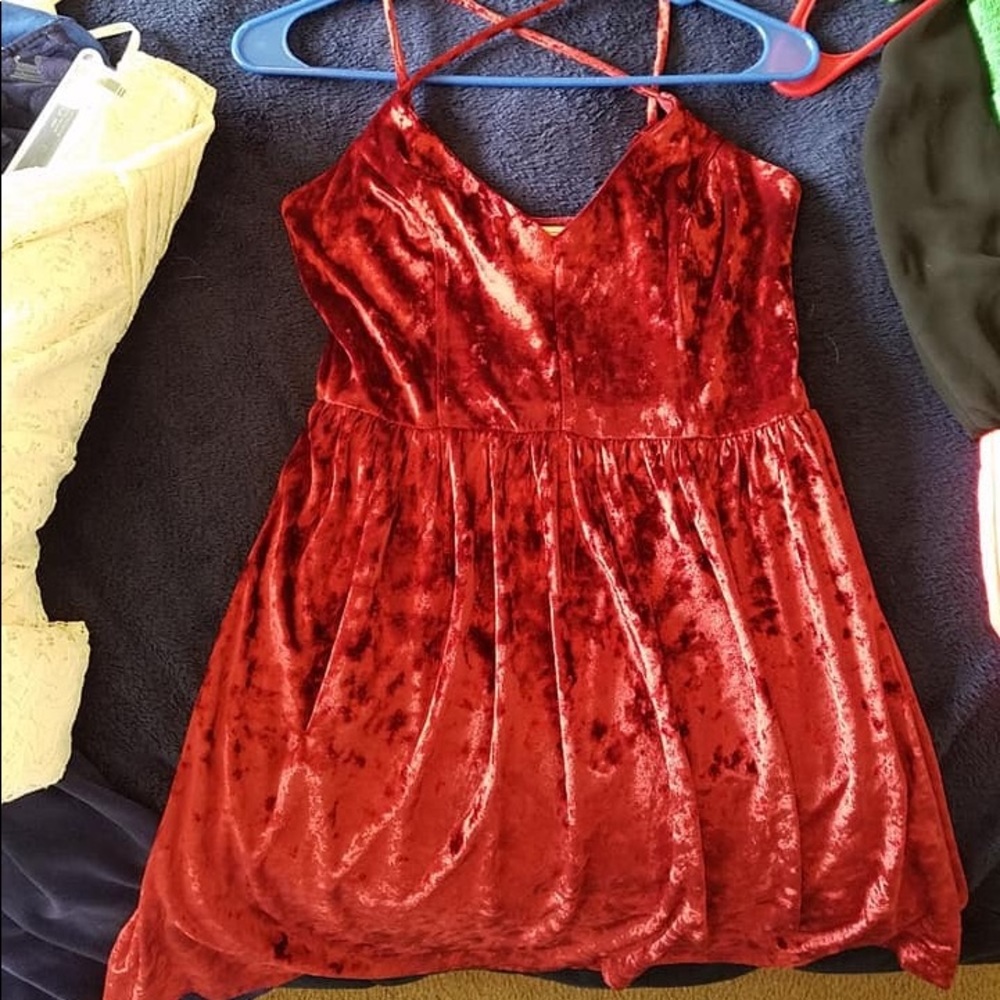 Crushed velvet Red Cross strap dress.
